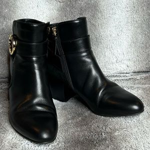 Bally black two toned booties with gold faux buckle and side zipper size 36 1/2